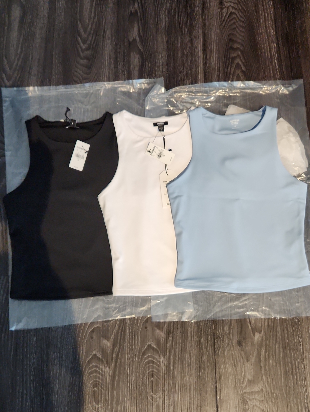 Express Body Contour Tank Top (3-Bundle)  in Black, White & Light Blue XS